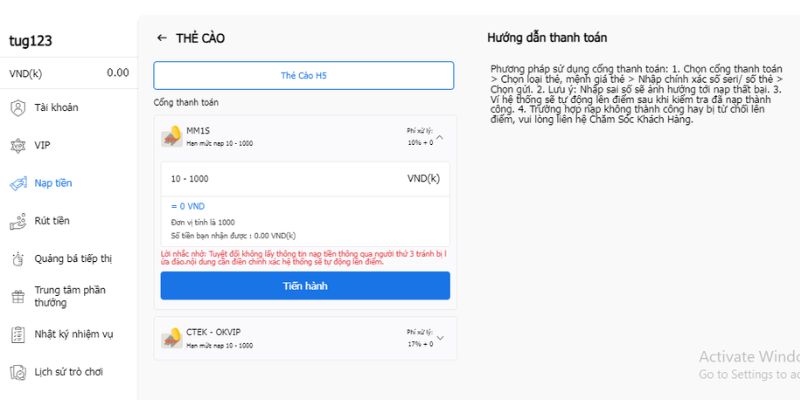 Nạp tiền 78win qua thẻ cào
