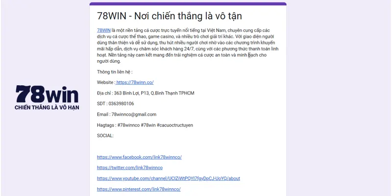 Liên hệ 78win bằng form doc google